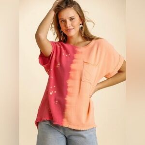 Umgee + Pink Orange Tie Dye Pocket Shirt Frayed Hem Size XL